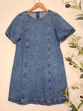 Old Navy Blue Denim Mini Shift Dress Short Sleeve Zip Back Size M